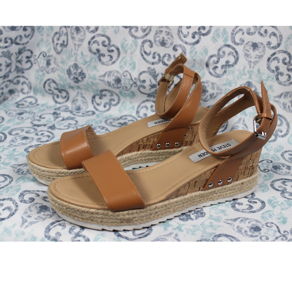 Steve Madden Tan Wedge Platform Sandals Espadrille Cork Studded Womens 11